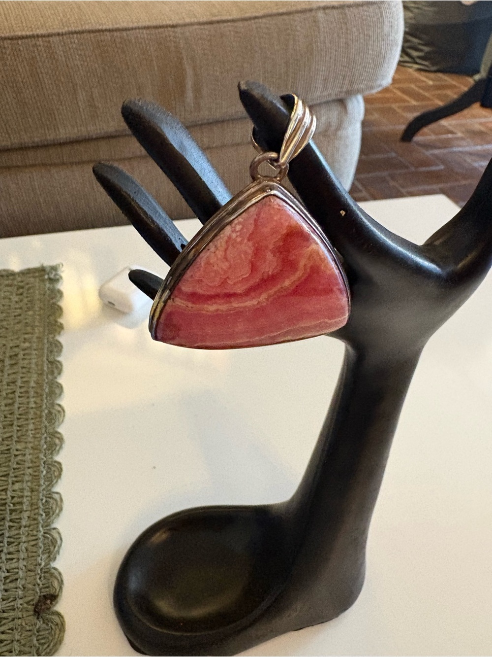 Pink Rhodochrosite Triangle Pendant Necklace - Unbranded set in silver.